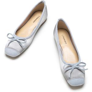 C.Paravano Ballet Flats | Square Toe Shoes | Bow Slip Ons | Ballet Shoes for Women | Dressy Flats for Women(Light Blue)