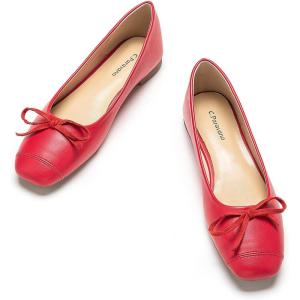 C.Paravano Ballet Flats | Square Toe Shoes | Bow Slip Ons | Ballet Shoes for Women | Dressy Flats for Women(Red)