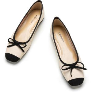 C.Paravano Ballet Flats | Square Toe Shoes | Bow Slip Ons | Ballet Shoes for Women | Dressy Flats for Women(White)