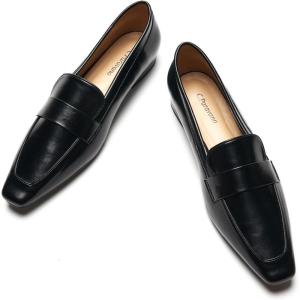 C.Paravano Loafer for Women | Leather Penny Loafers | Slip On Loafer | Women’s Loafers | Squared Toe Loafer Flat | Black Comfort Loafer Shoes(Black,Size 7.5)
