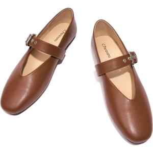 C.Paravano Women’s Flats Shoes | Comfortable Slip on Shoes | Ballet Flats Dress Shoes | Round Toe Mary Jane Flats with Metal Buckle Strap(Brown)