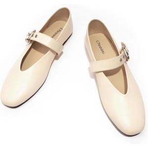 C.Paravano Women’s Flats Shoes | Comfortable Slip on Shoes | Ballet Flats Dress Shoes | Round Toe Mary Jane Flats with Metal Buckle Strap(Cream)