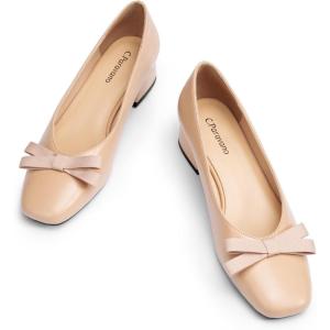 C.Paravano Women’s Pumps | Low Chunky Heel | Block Heels for Women | Dress Shoes for Women | Comfortable Heels with Bow(Beige)