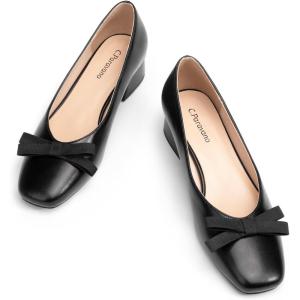 C.Paravano Women’s Pumps | Low Chunky Heel | Block Heels for Women | Dress Shoes for Women | Comfortable Heels with Bow(Black)
