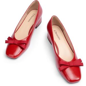C.Paravano Women’s Pumps | Low Chunky Heel | Block Heels for Women | Dress Shoes for Women | Comfortable Heels with Bow(Red)
