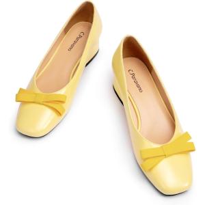 C.Paravano Women’s Pumps | Low Chunky Heel | Block Heels for Women | Dress Shoes for Women | Comfortable Heels with Bow(Yellow)