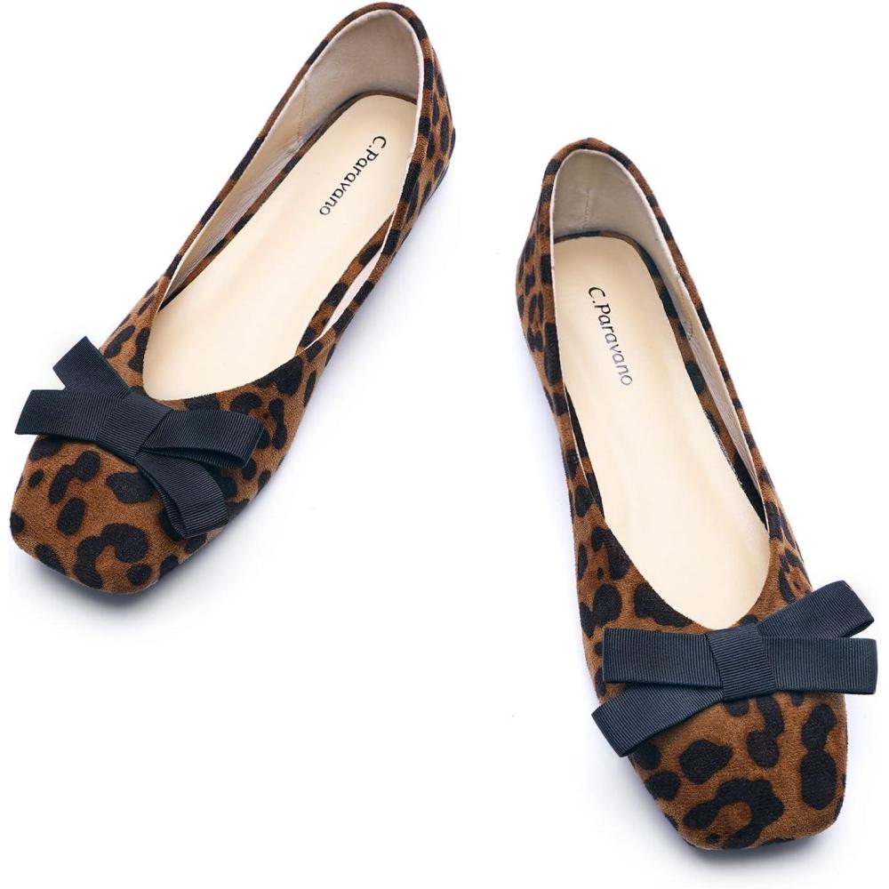 imageCParavano Womens Flats Ballet Flats Leopard Print Shoes Square Toe Flats for Women Dressy ComfortableLeopard