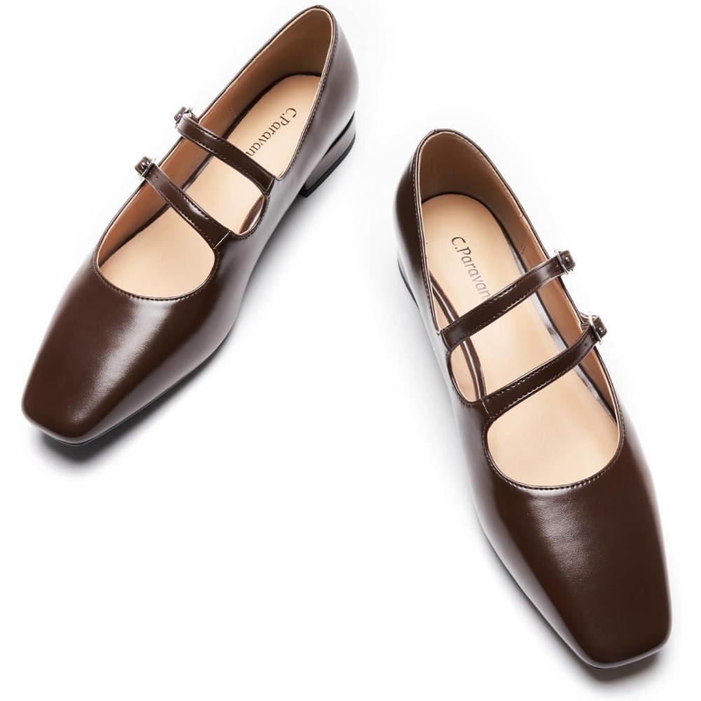 imageCParavano Womens Mary Jane Shoes Ballet Flats Womens Flats Square Toe Flat Shoe Block HeelChocolate