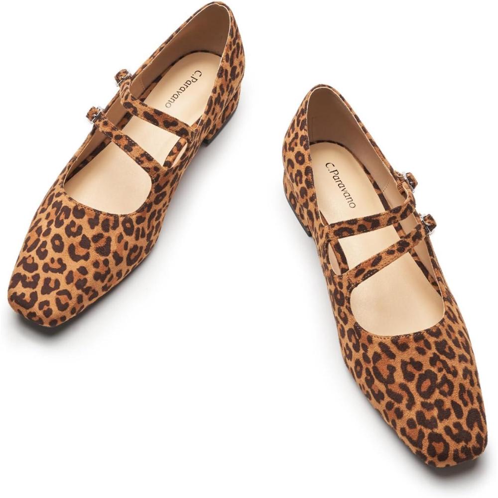 imageCParavano Womens Mary Jane Shoes Ballet Flats Womens Flats Square Toe Flat Shoe Block HeelLeopard