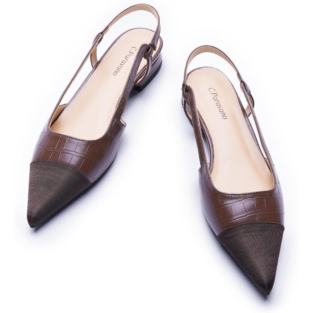 imageCParavano Womens Pointed Toe Slingback Flats Comfort Heeled Sandals SlipOn Flats Perfect for Casual Business Party DateBrown Croc Flat