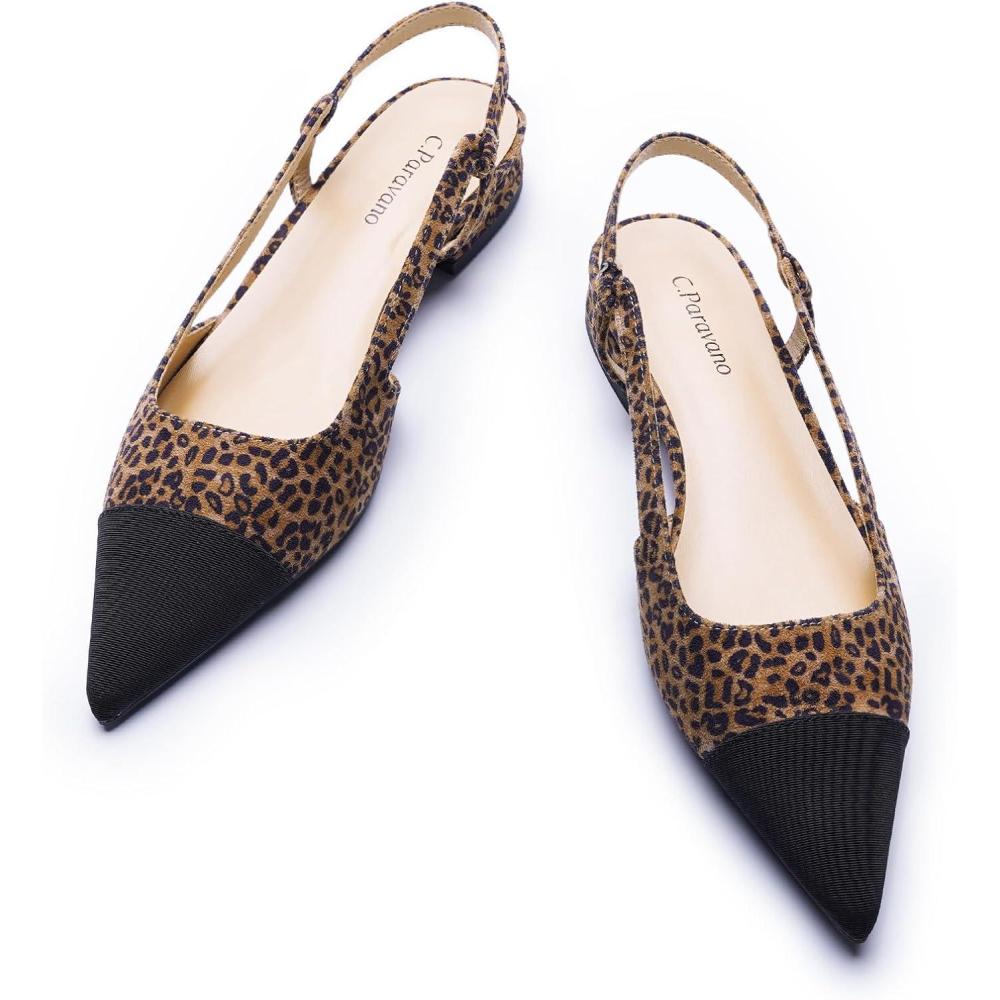 imageCParavano Womens Pointed Toe Slingback Flats Comfort Heeled Sandals SlipOn Flats Perfect for Casual Business Party DateLeopard Flat