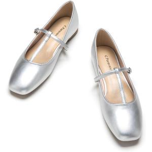 C.PARAVANO Mary Jane Shoes for Women | Womens Square Toe Flats | Silver Glossy Leather Mary Jane (Size 5,Silver_b)