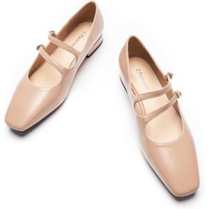C.Paravano Women’s Mary Jane Shoes | Ballet Flats | Women’s Flats | Square Toe | Flat Shoe | Block Heel(Beige)
