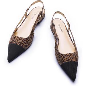 C.Paravano Women’s Pointed Toe Slingback Flats | Comfort Heeled Sandals | Slip-On Flats | Perfect for Casual, Business, Party, Date(Leopard Flat)