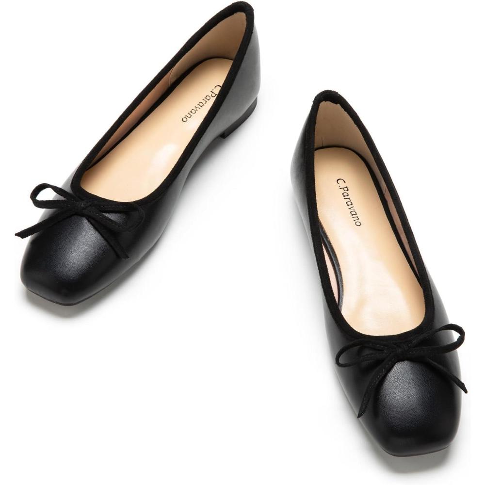 imageCParavano Ballet Flats Womens Flats Dressy Flats for Women Ballet Shoes for Women Square Toe FlatBlack