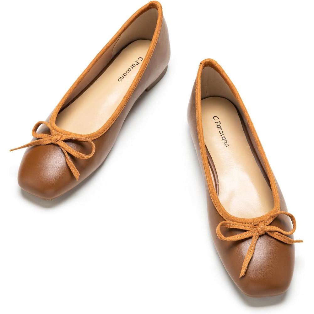 imageCParavano Ballet Flats Womens Flats Dressy Flats for Women Ballet Shoes for Women Square Toe FlatBrown