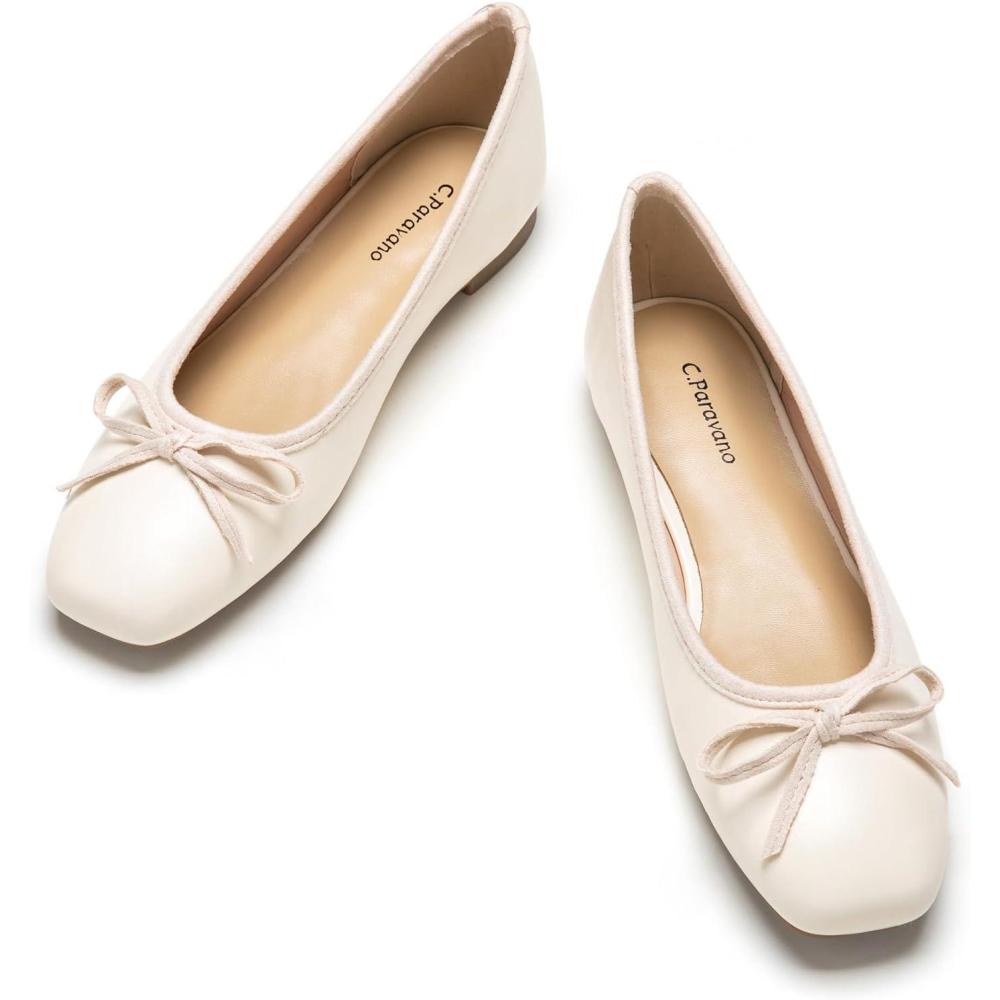 imageCParavano Ballet Flats Womens Flats Dressy Flats for Women Ballet Shoes for Women Square Toe FlatWhite
