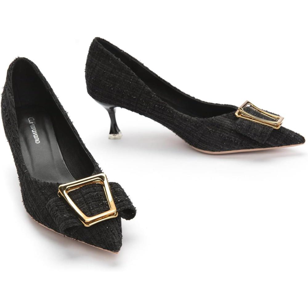imageCParavano Pumps Shoes Women Kitten Heels Low Heel Dress Shoes for Women Pointed Toe HeelsBlack Tweed
