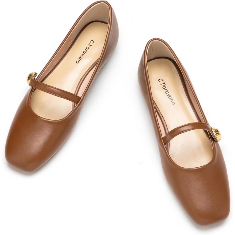 imageCParavano Womens Mary Jane Shoes  Square Toe Ballet Flats  Ballerina Flats  Designer Shoes for WomenBrownd