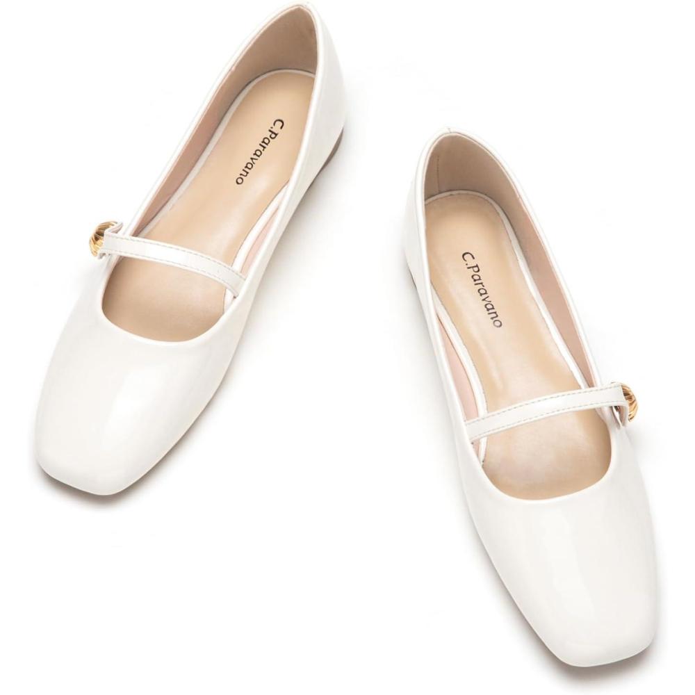 imageCParavano Womens Mary Jane Shoes Square Toe Ballet Flats Ballerina Flats Designer Shoes for WomenWhited