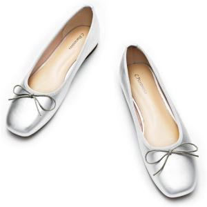 C.Paravano Ballet Flats | Womens Flats | Dressy Flats for Women | Ballet Shoes for Women | Square Toe Flat(Sliver)