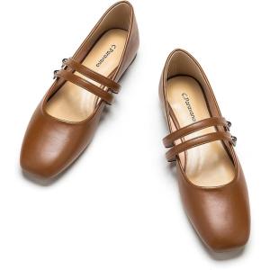 C.Paravano Mary Janes for Women | Ballet Flat | Womens Flats | Square Toe Flats for Women(Brown)