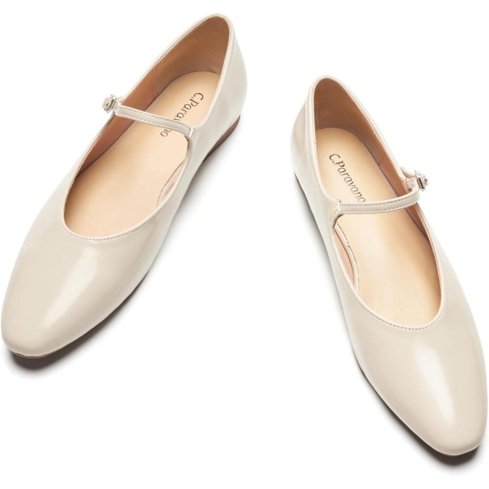 imageCParavano Mary Jane Shoes Women Ballet Flats Round Toe Flat Womens Dressy ShoesWhite