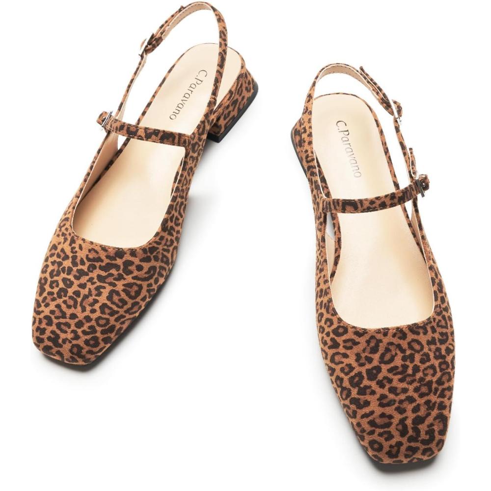 imageCParavano Slingback Flats Slingback Sandals for Women Square Toe Flat Sandals Flats Block Heel Slingback Sandals Adjustable Ankle Strap ShoesLeoparda