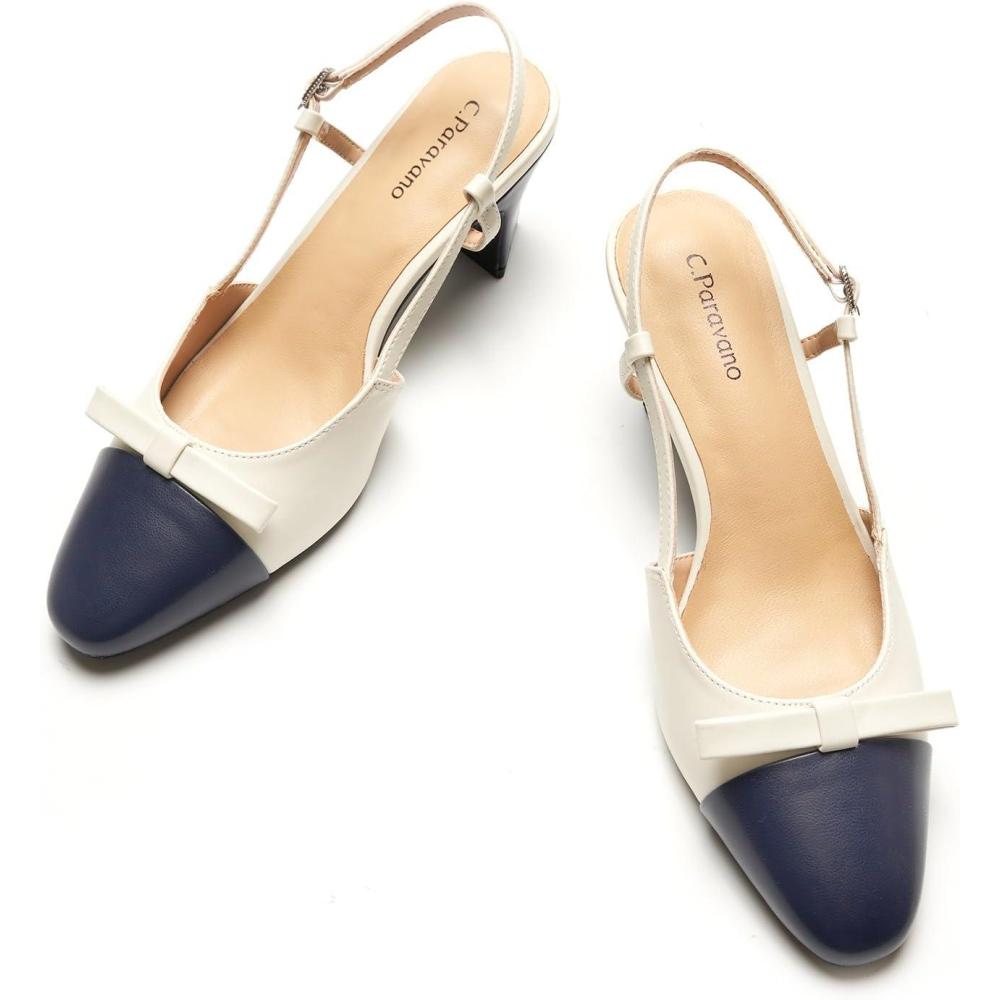 imageCParavano Womens Slingback Womens Pumps Low Chunky Heel Block Heel Pumps Splicing BowknotCream
