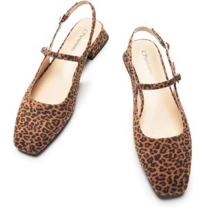 C.Paravano Slingback Flats | Slingback Sandals for Women | Square Toe Flat | Sandals Flats | Block Heel Slingback Sandals | Adjustable Ankle Strap Shoes(Leopard-a)