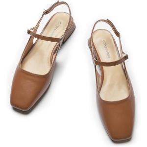 C.Paravano Slingback Flats | Slingback Sandals for Women | Square Toe Flat | Sandals Flats | Block Heel Slingback Sandals | Adjustable Ankle Strap Shoes(New Brown)
