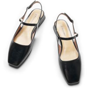 C.Paravano Slingback Flats | Slingback Sandals for Women | Square Toe Flat | Sandals Flats | Block Heel Slingback Sandals | Adjustable Ankle Strap Shoes(New Black)