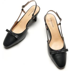 C.Paravano Women’s Slingback | Women’s Pumps | Low Chunky Heel | Block Heel Pumps | Splicing Bowknot(Black)