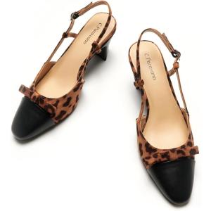 C.Paravano Women’s Slingback | Women’s Pumps | Low Chunky Heel | Block Heel Pumps | Splicing Bowknot(Leopard)