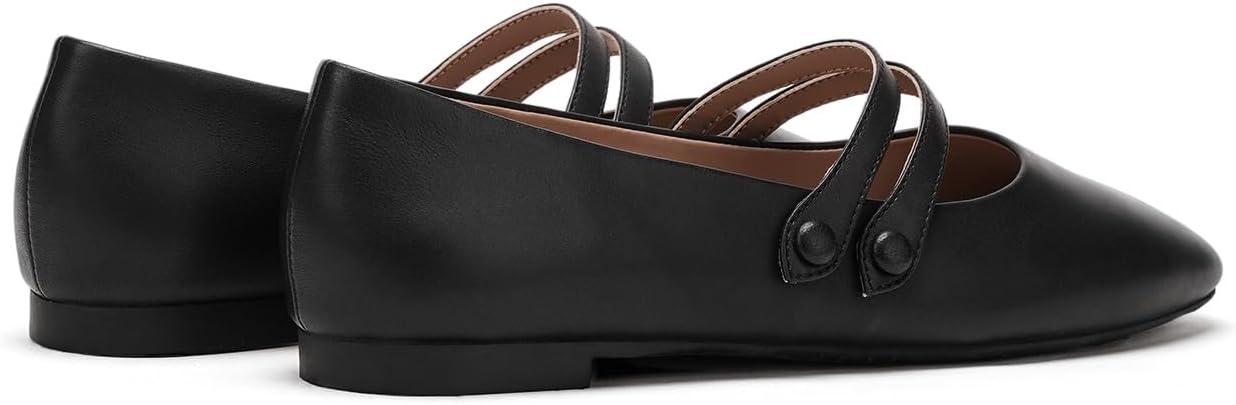 imageCParavano Genuine Leather Womens Flats Mary Jane Flats Square Toe Shoes Dress Shoes with StrapsBlack