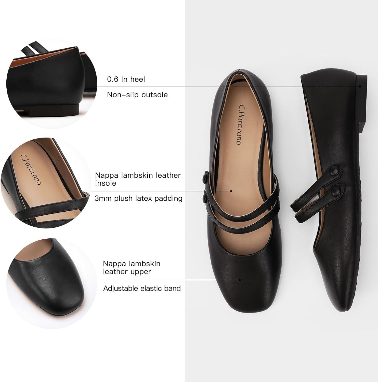 imageCParavano Genuine Leather Womens Flats Mary Jane Flats Square Toe Shoes Dress Shoes with StrapsBlack