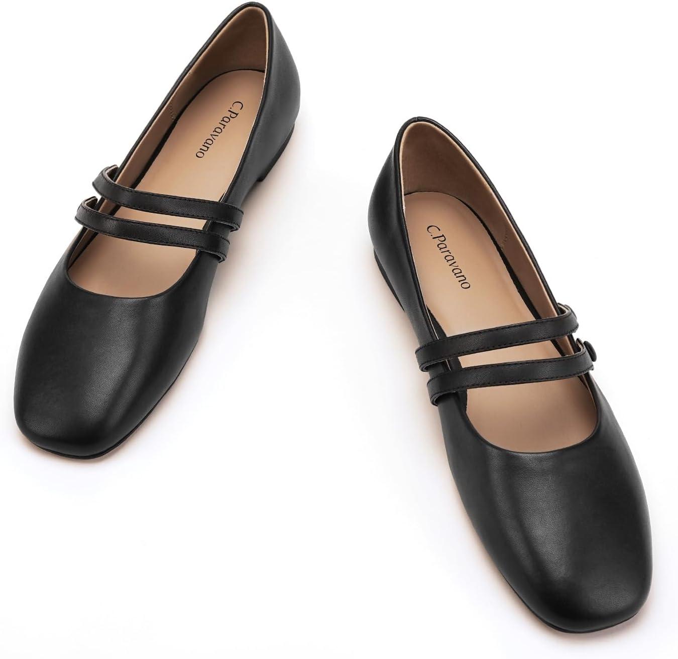 imageCParavano Genuine Leather Womens Flats Mary Jane Flats Square Toe Shoes Dress Shoes with StrapsBlack