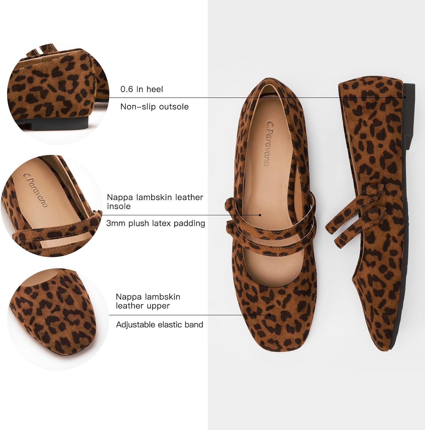 imageCParavano Genuine Leather Womens Flats Mary Jane Flats Square Toe Shoes Dress Shoes with StrapsLeopard