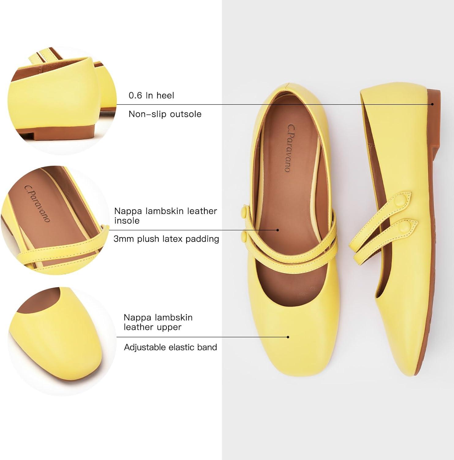 imageCParavano Genuine Leather Womens Flats Mary Jane Flats Square Toe Shoes Dress Shoes with StrapsYellow
