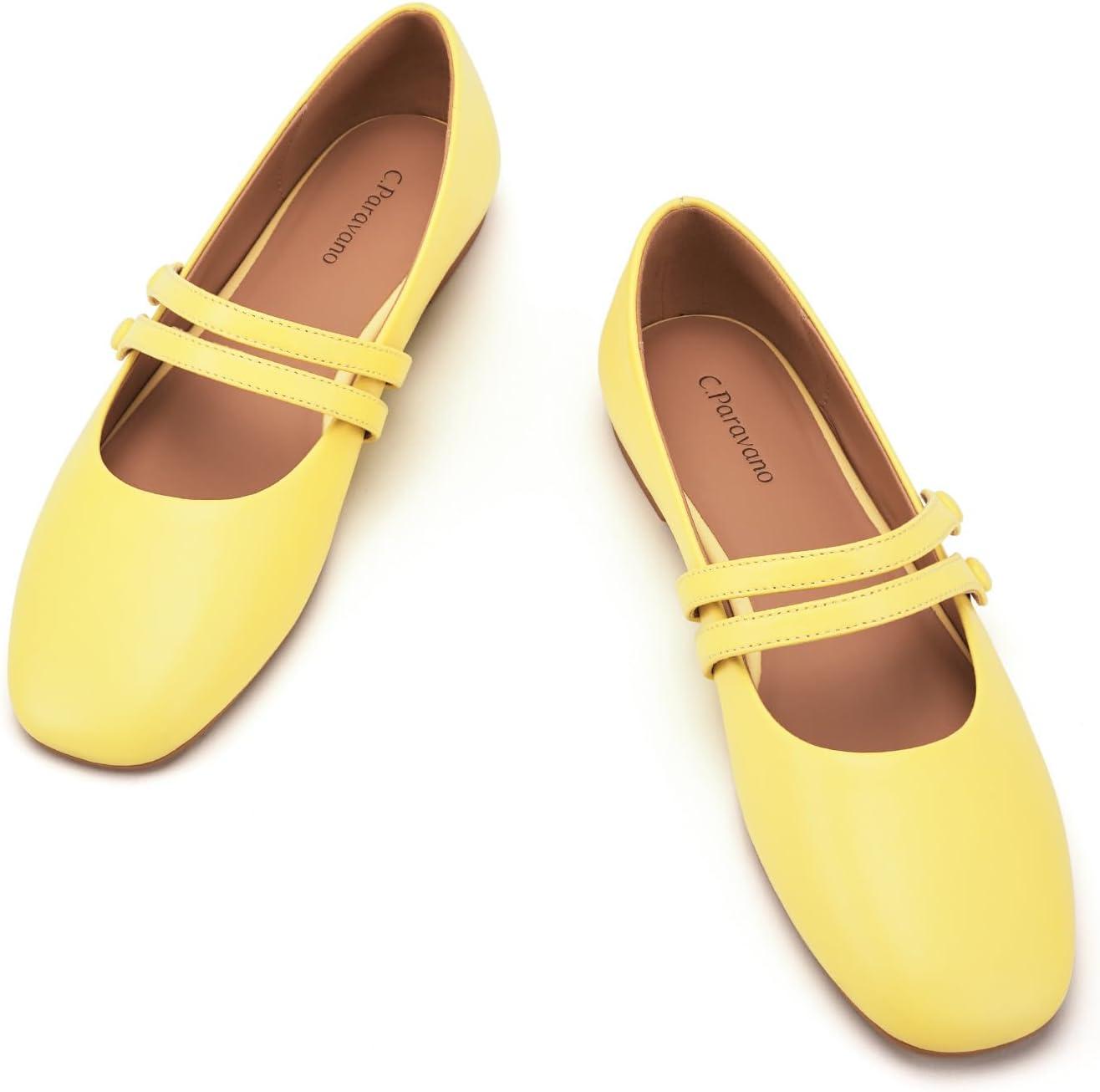imageCParavano Genuine Leather Womens Flats Mary Jane Flats Square Toe Shoes Dress Shoes with StrapsYellow