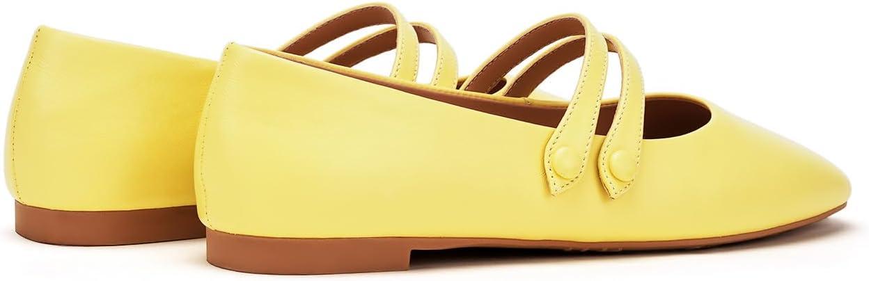 imageCParavano Genuine Leather Womens Flats Mary Jane Flats Square Toe Shoes Dress Shoes with StrapsYellow