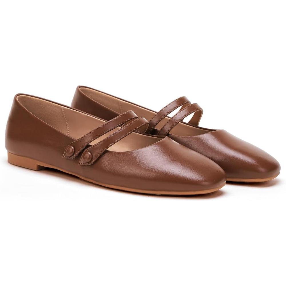 imageCParavano Genuine Leather Womens Flats Mary Jane Flats Square Toe Shoes Dress Shoes with StrapsBrown