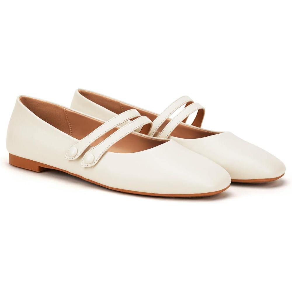 imageCParavano Genuine Leather Womens Flats  Mary Jane Flats  Square Toe Shoes  Dress Shoes with StrapsIvory