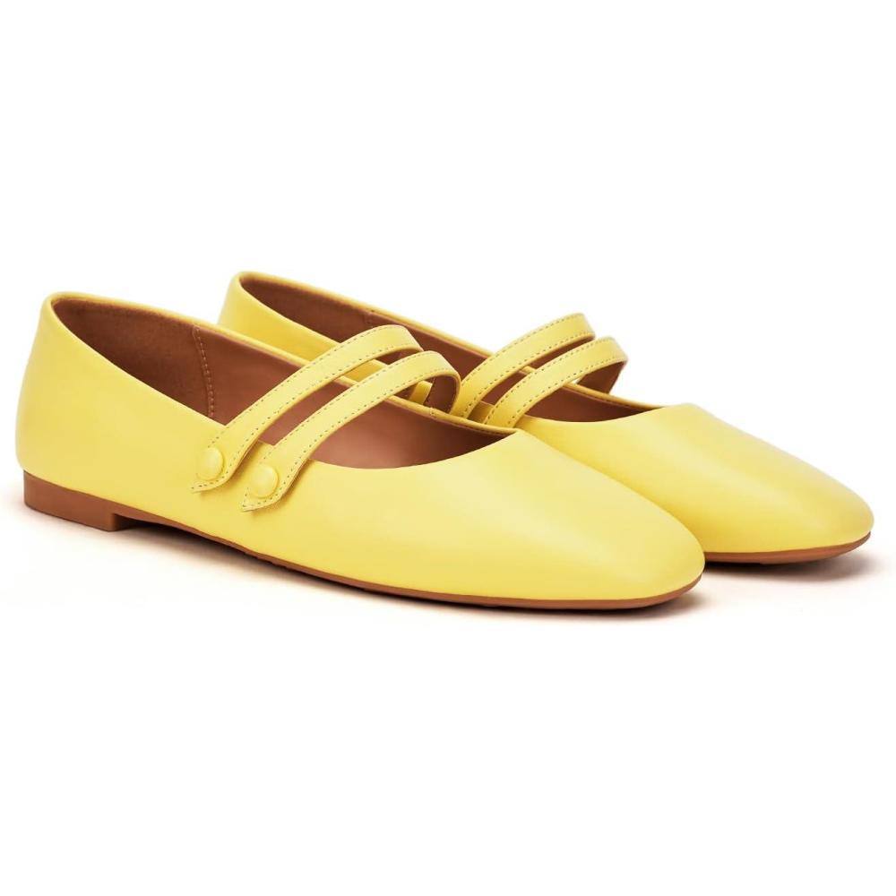 imageCParavano Genuine Leather Womens Flats Mary Jane Flats Square Toe Shoes Dress Shoes with StrapsYellow