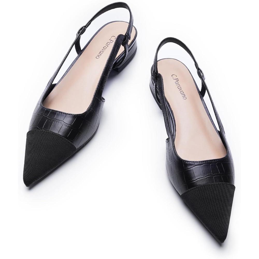 imageCParavano Womens Pointed Toe Slingback Flats Comfort Heeled Sandals SlipOn Flats Perfect for Casual Business Party DateSize 75Black Croc Flat