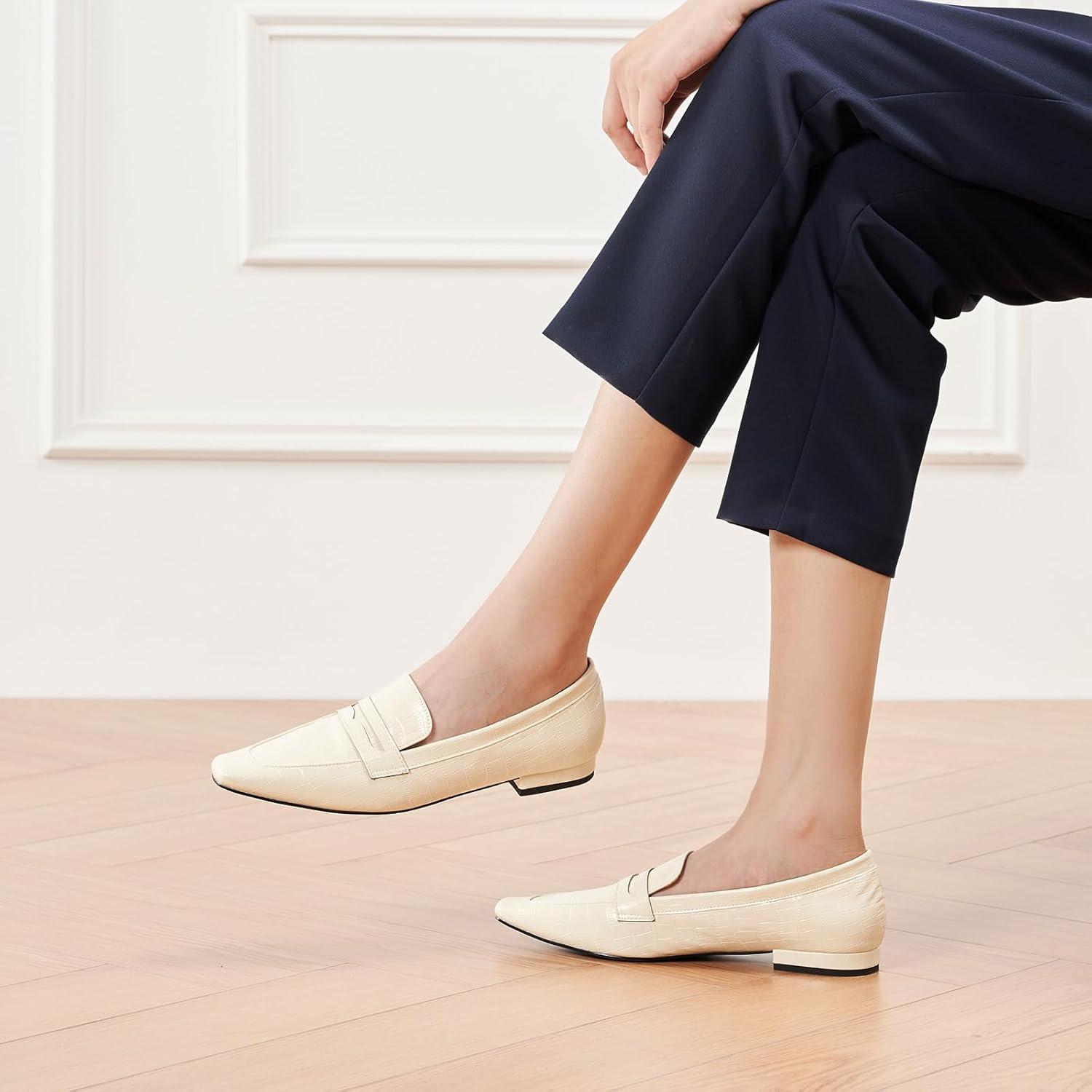 imageCParavano Loafer Women Penny Loafers Flat Shoes for Women Slip On Shoes CrocodileEmbossedCcream