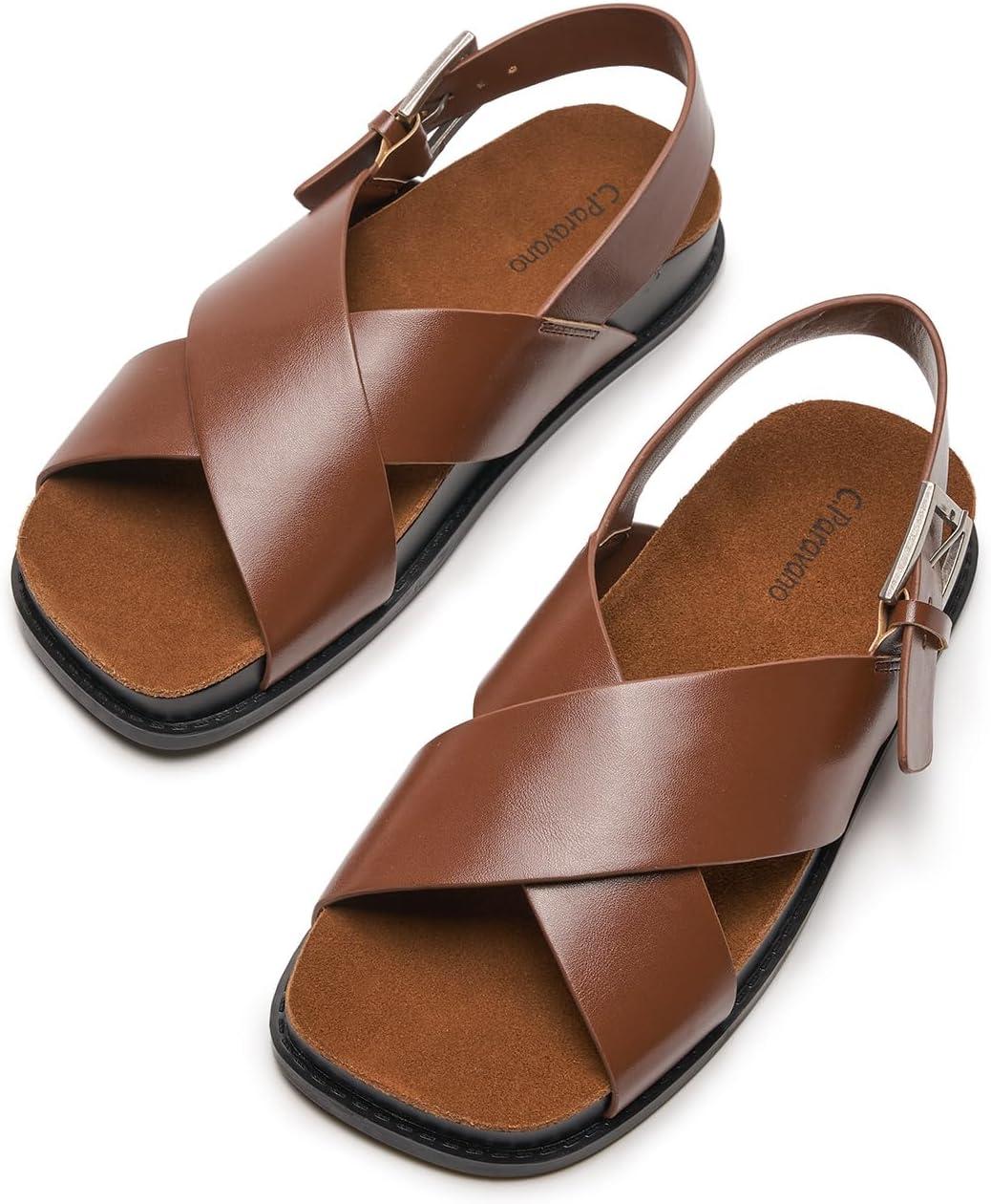 imageCParavano Women Sandals Womens Slide Sandals Comfortable Dressy Flat Sandals Sandals with Arch Support Adjustable Buckle Slip OnBrown