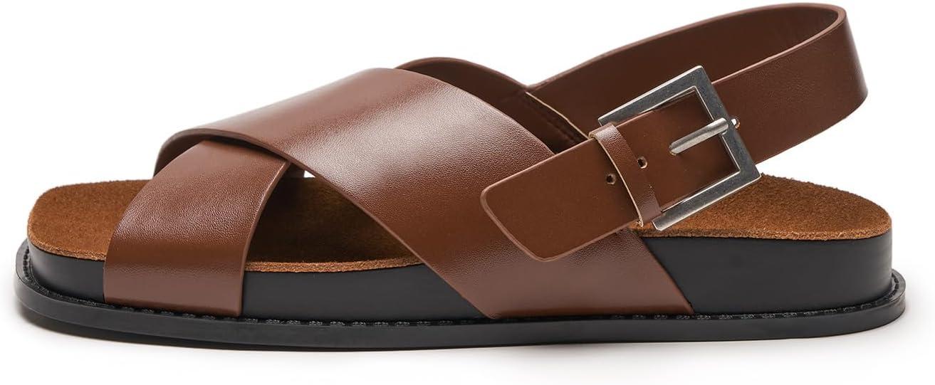 imageCParavano Women Sandals Womens Slide Sandals Comfortable Dressy Flat Sandals Sandals with Arch Support Adjustable Buckle Slip OnBrown