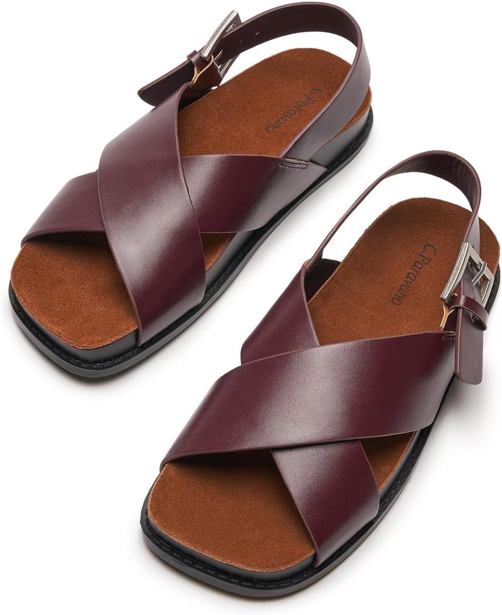 imageCParavano Women Sandals Womens Slide Sandals Comfortable Dressy Flat Sandals Sandals with Arch Support Adjustable Buckle Slip OnBurgundy