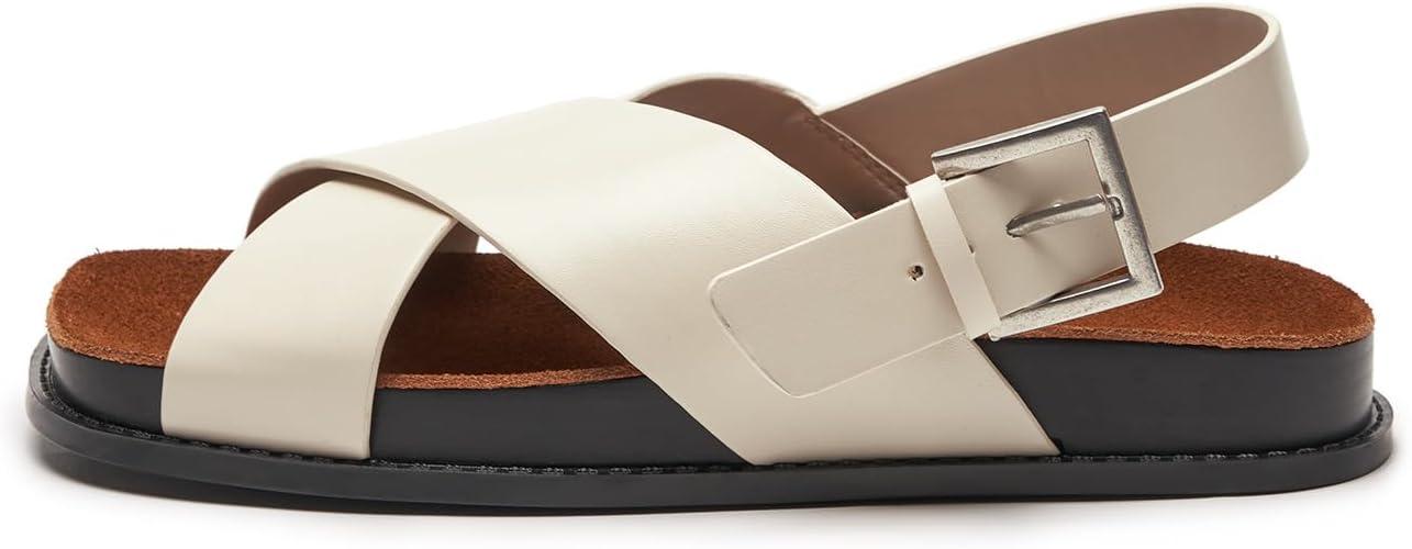 imageCParavano Women Sandals Womens Slide Sandals Comfortable Dressy Flat Sandals Sandals with Arch Support Adjustable Buckle Slip OnCream